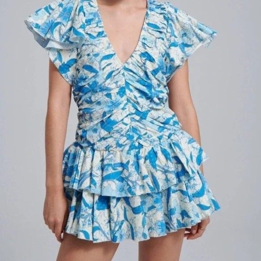 Love The Label Sz L Ruffled Mini Dress Floral Flutter Sleeve Vโ Neck Side Zipper
